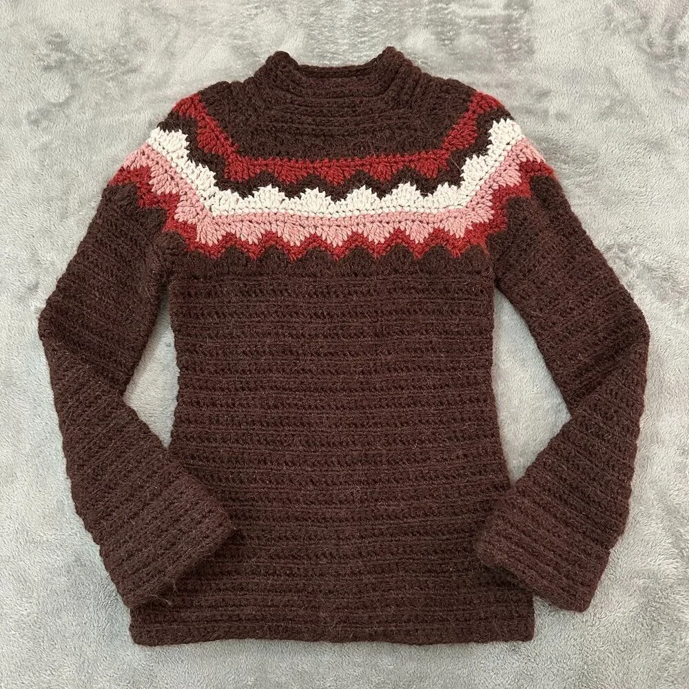 Vintage J. Crew Knit By Hand Alpaca Sweater Women's MEDIUM Fair Isle Mock Neck
